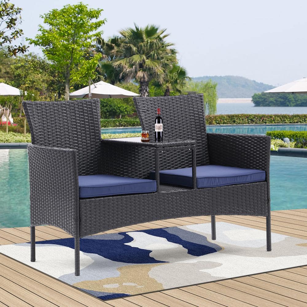 Coffee Frame All Weather PE Wicker Outdoor Patio Loveseat Set with Removabl
