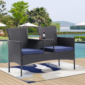 Coffee Frame All Weather PE Wicker Outdoor Patio Loveseat Set with Removable Blue Cushions, Built-in Coffee Table