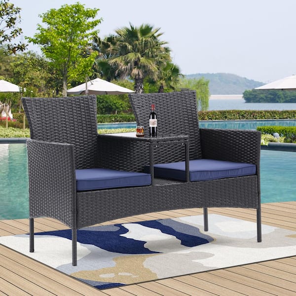 Unbranded Coffee Frame All Weather PE Wicker Outdoor Patio Loveseat Set with Removable Blue Cushions, Built-in Coffee Table