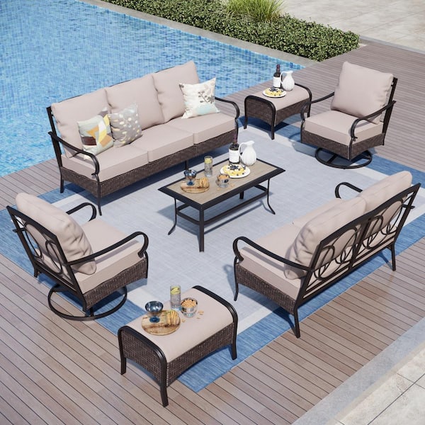 PHI VILLA Black 7-Piece Rattan Steel 9 Seat Outdoor Patio Conversation Set with Beige Cushions, 2 Ottomans, 2 Swivel Chairs