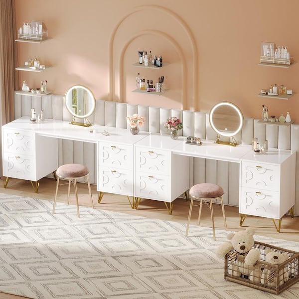 BYBLIGHT Helotes White Makeup Vanity Desk with 4-Drawers, 59 in. Large Dressing Table with Unique Metal Gold Legs (Only Desk)