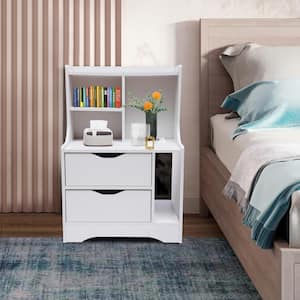 H 27.5 in. x W 11.8 in. x L 18.9 in. Modern Style White Wooden Nightstand with 2 Drawers & Storage Shelves