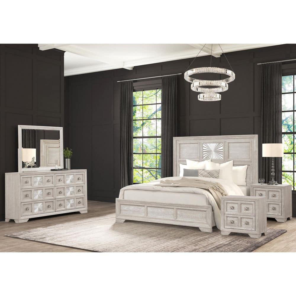 Artello 5-Piece Light Gray Wood Frame King Panel Bedroom Set with Sunburst Pattern, Zinc Alloy Hardware, Bracketed Feet price history on PriceWatchPro