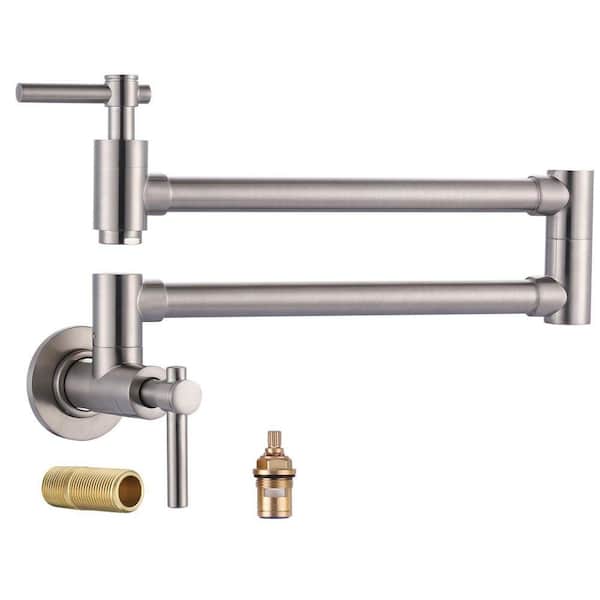 Contemporary Brass Wall Mount Pot Filler with Double Handles and Swing Arm Folding Kitchen Faucet in Brushed Nickel
