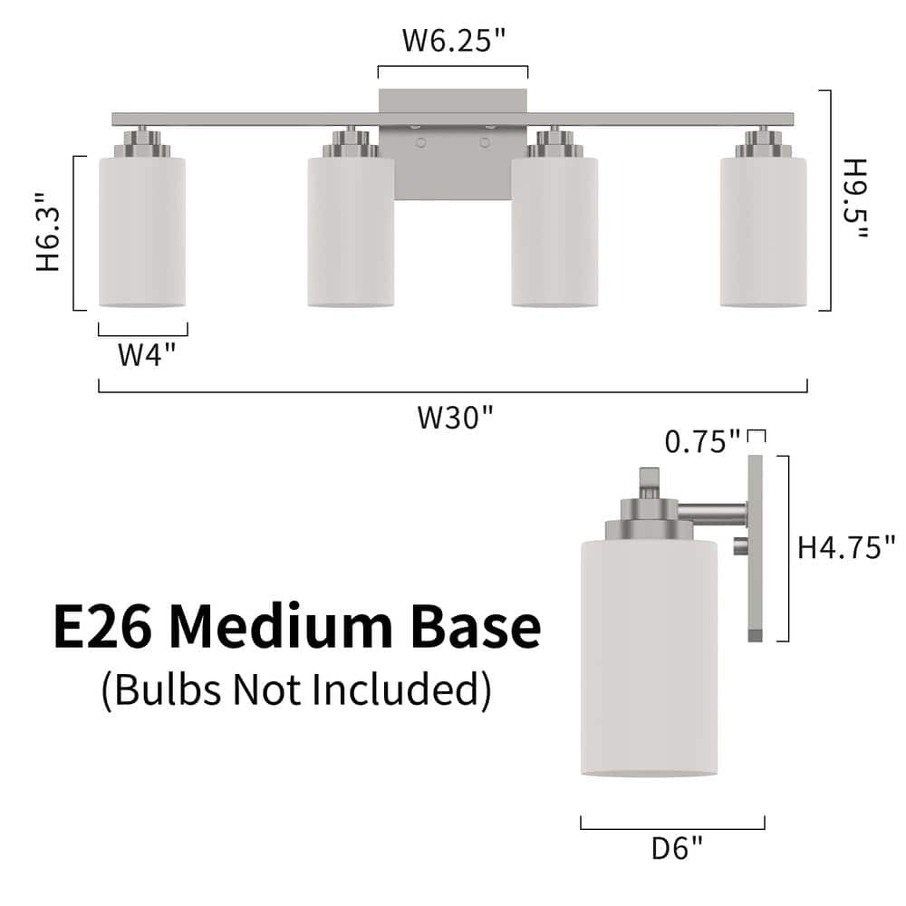 Brushed Nickel 4-Light Dimmable Vanity Light with Frosted Glass Shades