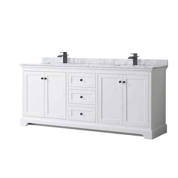 Wyndham Collection Avery 80 in. W x 22 in. D x 35 in. H Double Bath Vanity in White with White Carrara Marble Top