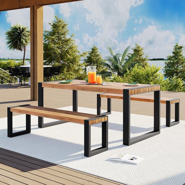 Unbranded All Weather 3-Piece Rectangular Wood Outdoor Dining Table with 2-Benches