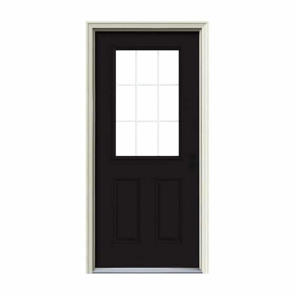 30 in. x 80 in. 9 Lite Black Painted Steel Prehung Left-Hand Inswing Entry Door w/Brickmould