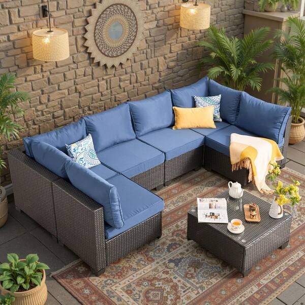 Sirela Black 7‑Piece All-Weather PE Wicker Outdoor Sectional Sofa Set Patio Conversation Set with Blue Cushions for Deck