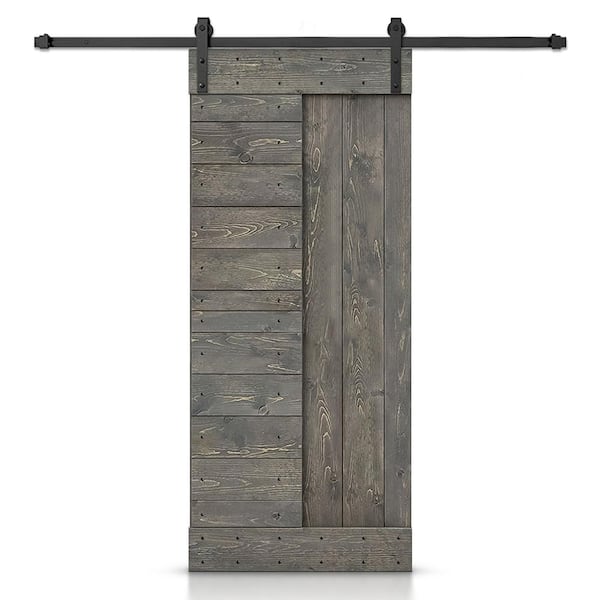 CALHOME 36 in. x 84 in. Weather Gray Stained DIY Knotty Pine Wood Interior Sliding Barn Door with Hardware Kit