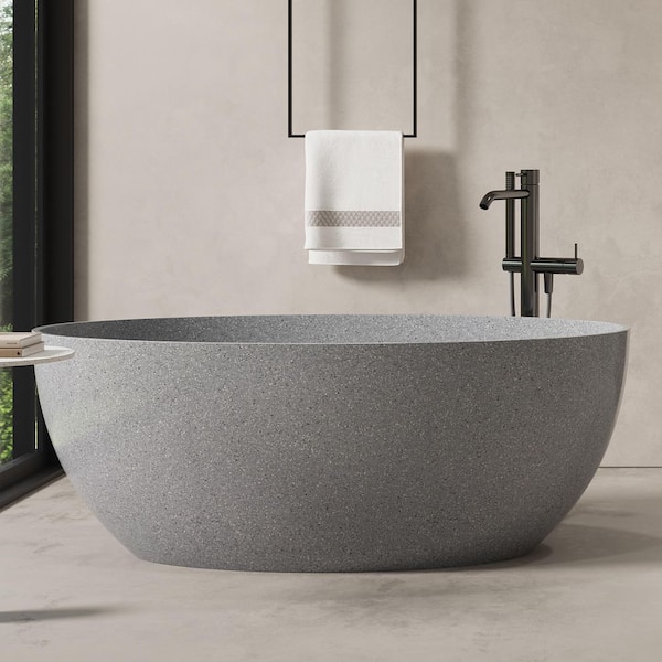 63 in. x 31 in. Terrazzo Stone Solid Surface Flatbottom Freestanding Soaking Bathtub in Gray