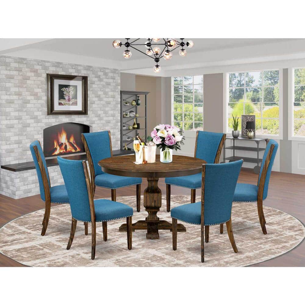 Distressed Jacobean Finish Round Dining Table with 6 Blue Linen Chairs