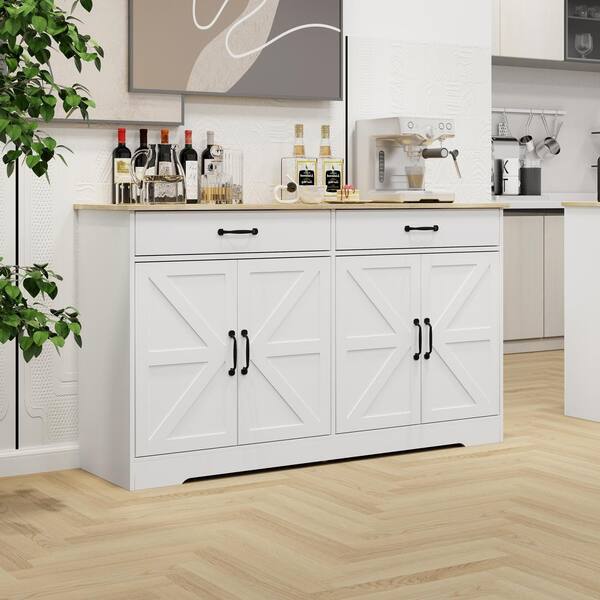 FUNKOL 55.91inx15.75inx32.09in MDF Ready to Assemble Kitchen Cabinet in White with 2 Drawers and 4 Doors with X