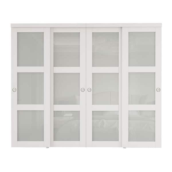 96 in. x 96 in. 3-Lites Frosted Glass White Finished MDF Closet Sliding Door with Hardware Kit