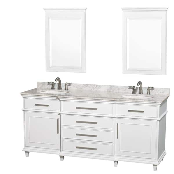 Wyndham Collection Berkeley 72 in. Double Vanity in White with Marble Vanity Top in Carrara White, Oval Sink and 24 in. Mirrors