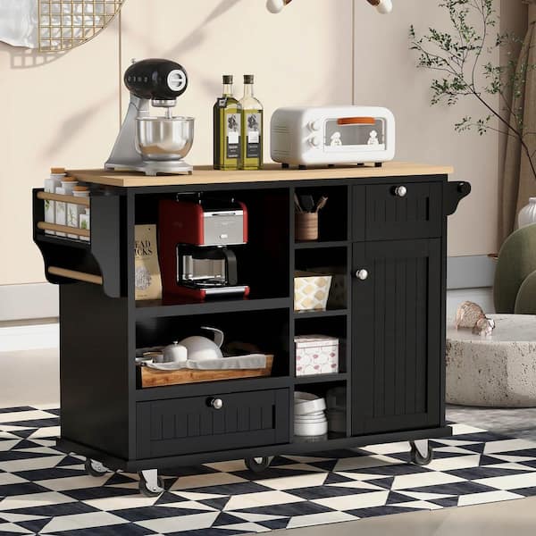 Runesay Black Rolling Mobile Kitchen Island with Solid Wood Top and Locking Wheels Storage Cabinet Drop Leaf Breakfast Bar