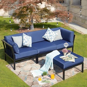4-Piece Metal Outdoor Sectional Set with Blue Cushions