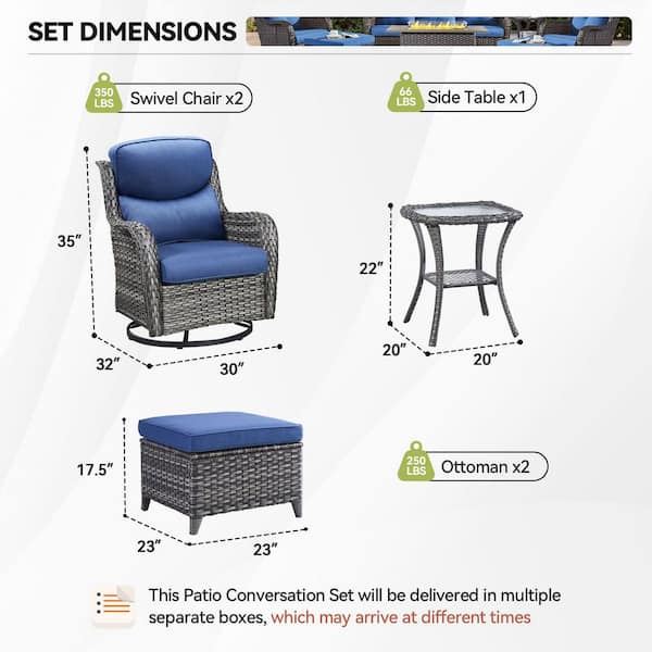 Luxury Gray Swivel Glider Wicker Patio Conversation Set with Blue Olefin 5 in. Thick Cushions/Ottoman (5-Piece)