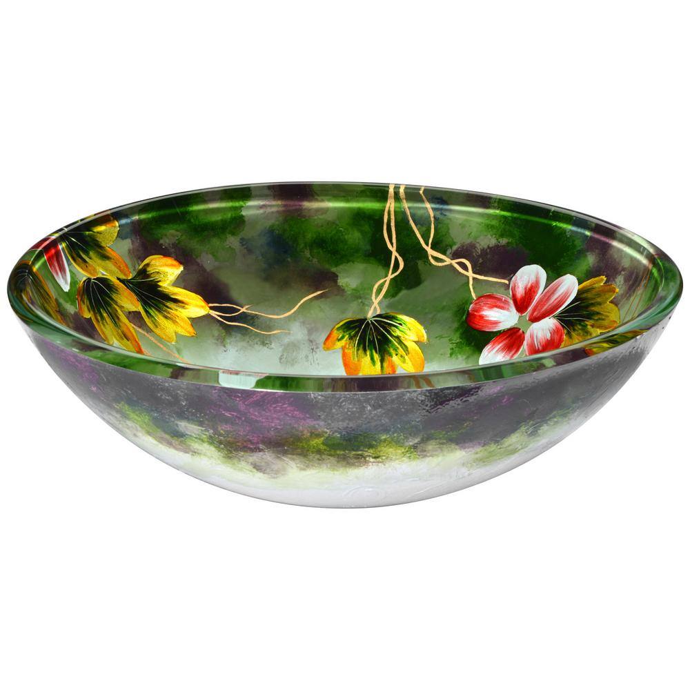 Hand-Painted Green Floral Glass Bathroom Vessel Sink
