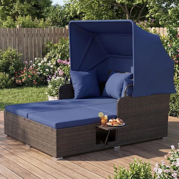 Wicker Outdoor Day Bed with Retractable Canopy PE Rattan Sunbed with Soft Cushions & Pillows 2 Folding Side Trays Navy