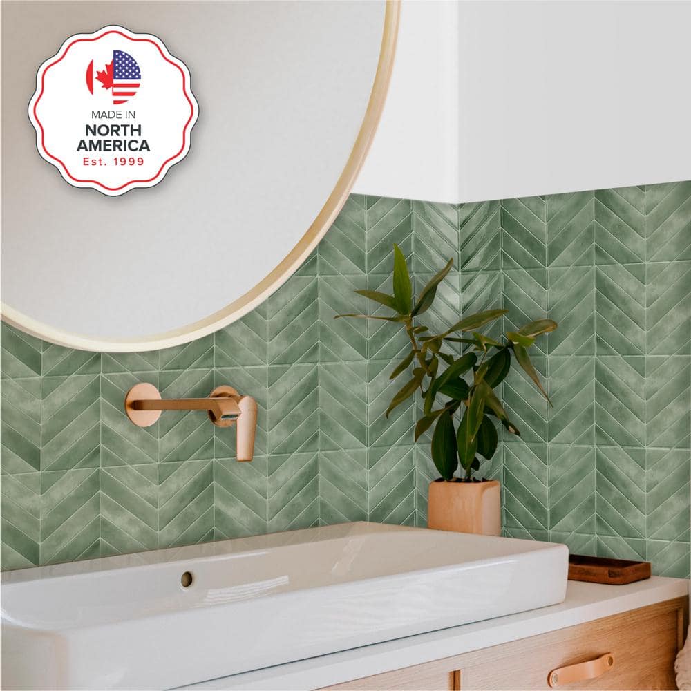 Chevron Solna Green Glossy Peel and Stick Backsplash Tile Set