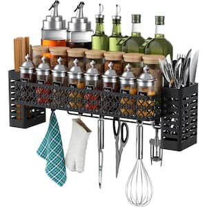 3-Shelf Metal Wall Mount Hanging Spice Rack Organizer Shelf with 6-Hooks Utensil Holder for Kitchen in Black