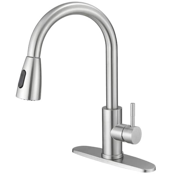 BWE Single Handle Pull Down Sprayer Kitchen Faucet Commercial Kitchen Sink Faucets for RV, Laundry in Brushed Nickel
