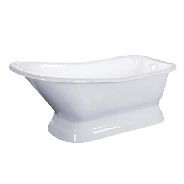 66 in. Cast Iron Single Slipper Pedestal Flatbottom Bathtub with 7 in. Deck Holes in White