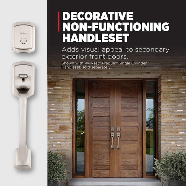 Prague Satin Nickel Keyed Entry Door Handleset and Dummy Door Handleset for Front Exterior Double Doors