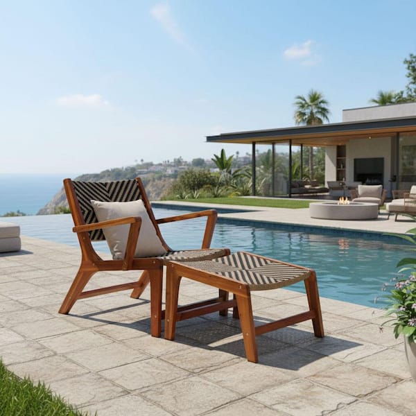 Sevilla Wicker Wooden Chair Set-Brown Outdoor Lounge Chair with Ottoman UV-Resistant Wicker