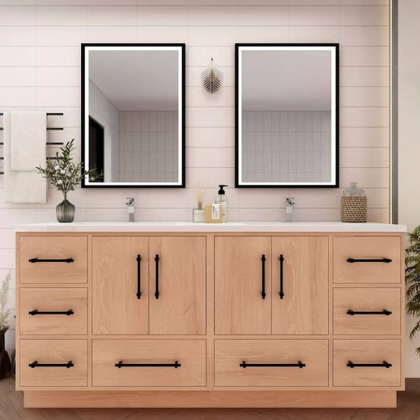 Victoria 71 in. W x 20 in. D x 35 in. H Double Sink Freestanding Bath Vanity in Red Oak with White Acrylic Top