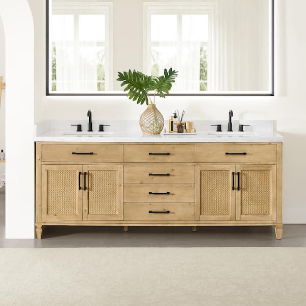 Salome 84 in. Double Freestanding Weathered Fir Bath Vanity with Grain White Engineered Stone Top Assembled