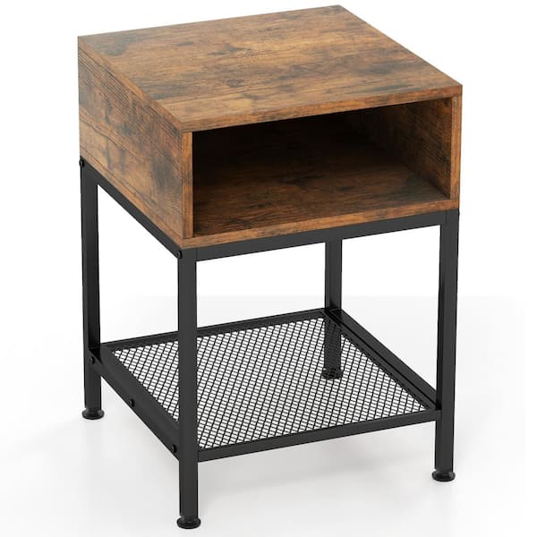 Costway Industrial 23 in. Brown End/Side Table Nightstand with Compartment and Mesh Shelf