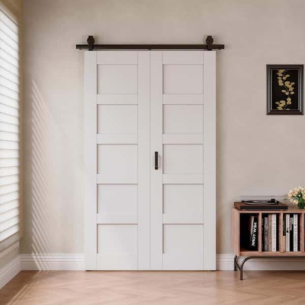 48 in. x 80 in. Paneled 5 Lite White Primed MDF Bifold Sliding Barn Door with Hardware Kit