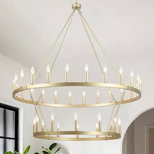 36-Light 2-Tiers Imitation Copper & Gold Candle Style Wagon Wheel Chandelier Round Industrial Pendant Lighting