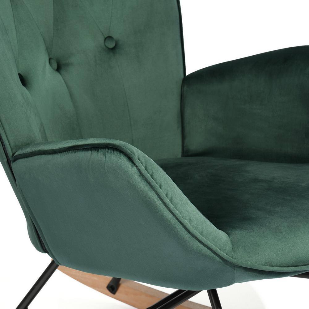 Green Velvet Tufted Rocking Chair with Wooden Base