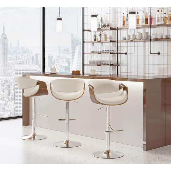 Lumisource Curvo 33.5 in. Cream Fabric, Chrome Metal and Walnut Wood Adjustable Barstool (Set of 3)