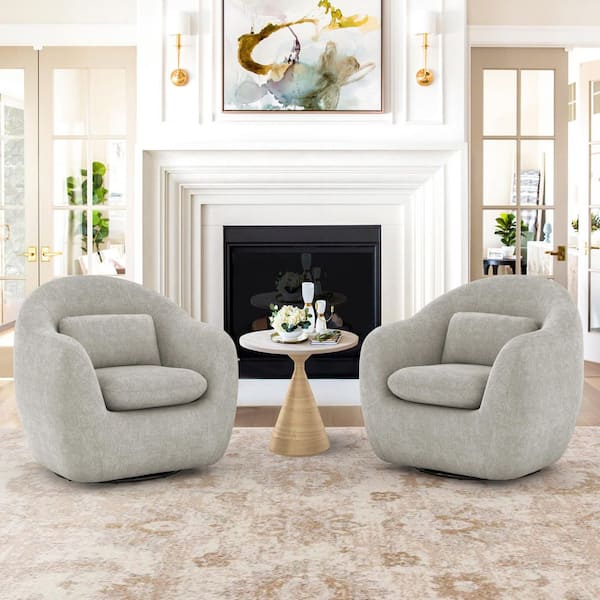 Alma Oversized Light Gray Chenille 360° Swivel Armchair High Density Foam Accent Chair with Padded Backrest Set of 2