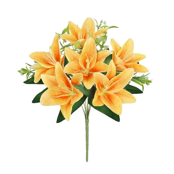 LIVING LUXURY 13 in. Orange Artificial Stargazer Lily Flower Stem Bush Bouquet (Set of 4)