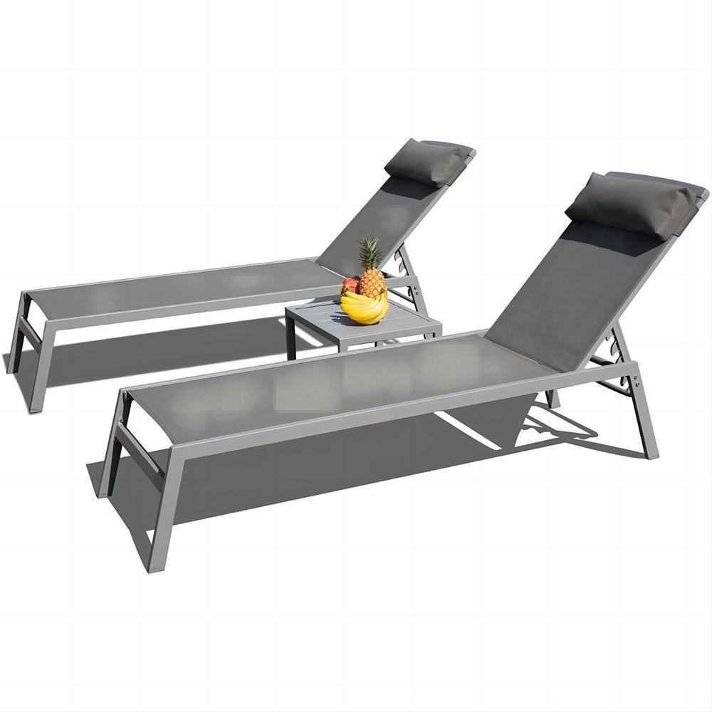 3 Pieces Grey Metal Outdoor Chaise Lounge, Aluminum Adjustable Pool Lounge Chairs Recliner with Headrest price history on PriceWatchPro
