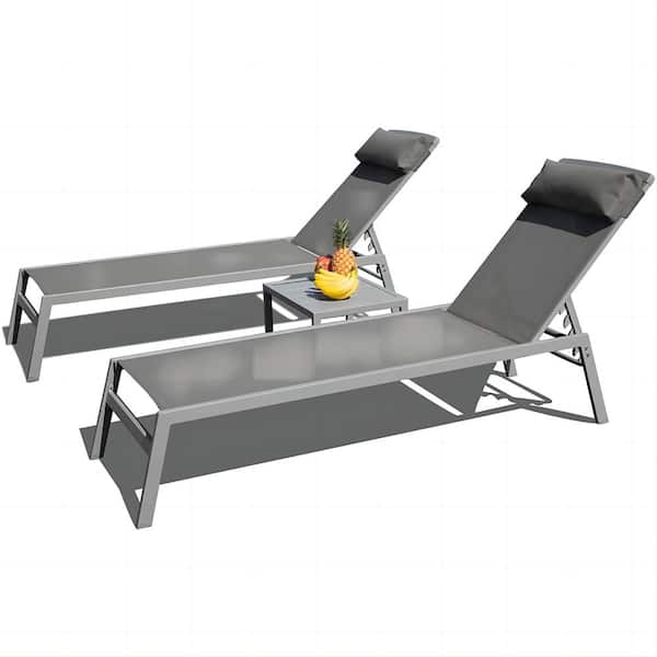 Otryad 3 Pieces Grey Metal Outdoor Chaise Lounge, Aluminum Adjustable Pool Lounge Chairs Recliner with Headrest