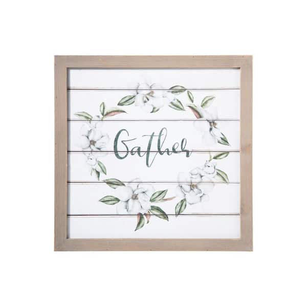Benjara White and Brown Square GATHER Script and Plank Design Wooden Wall Art