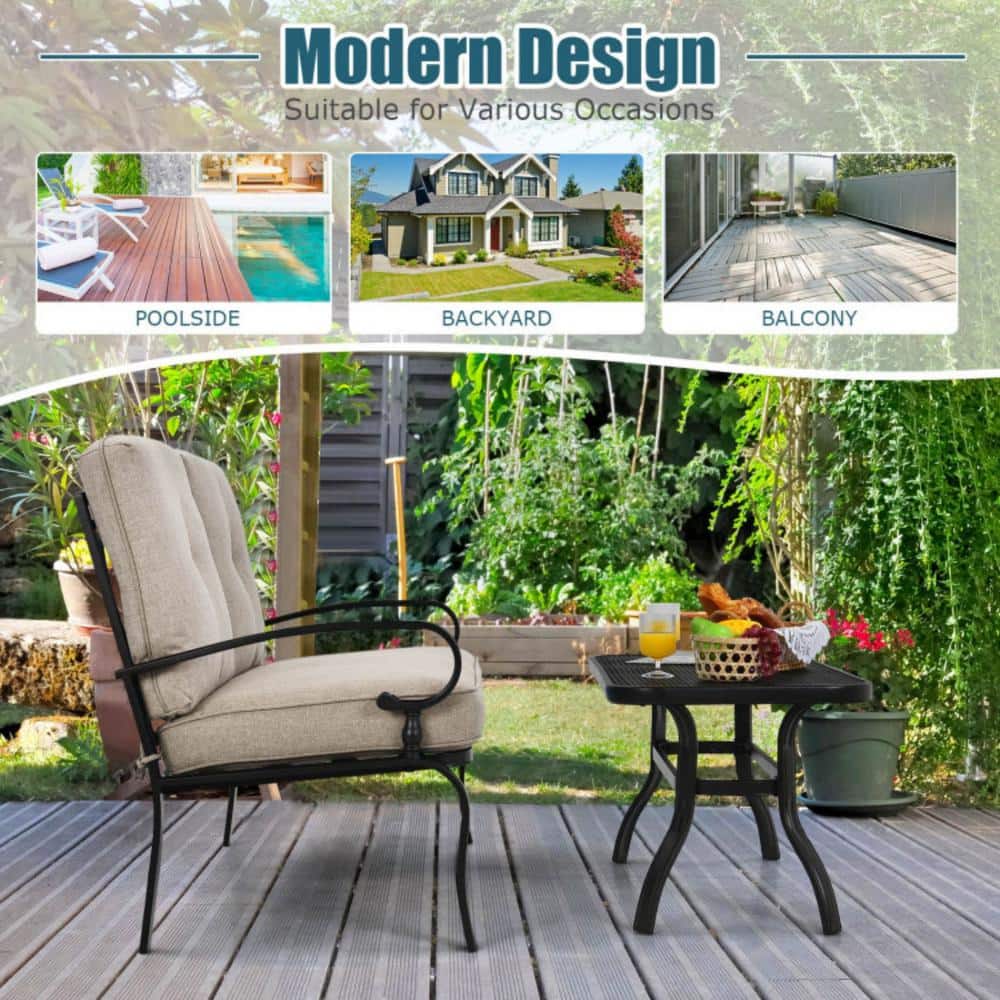 Beige Cushioned Steel Patio Loveseat with Coffee Table