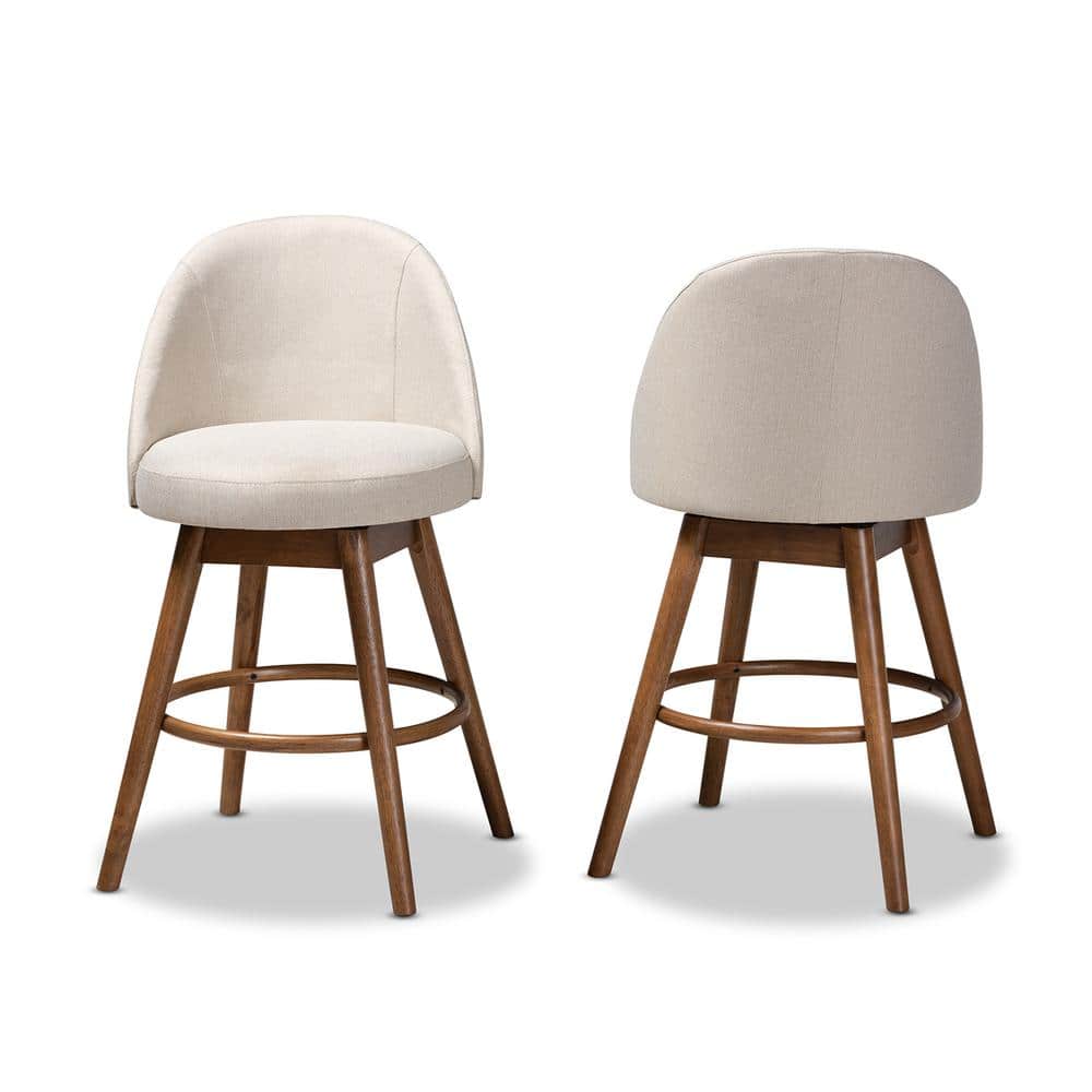 Light Beige Fabric Upholstered Walnut Wood Swivel Counter Stool Set