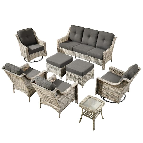 Cherry 8-Piece Wicker Outdoor Furniture Patio Conversation Sofa Seating Set with Swivel Chairs and Black Cushions