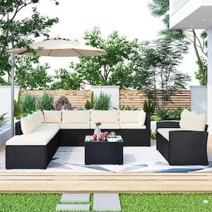 9-piece Black Wicker Outdoor Sectional Set with Cushions Beige for Garden, Backyard, Porch and Poolside