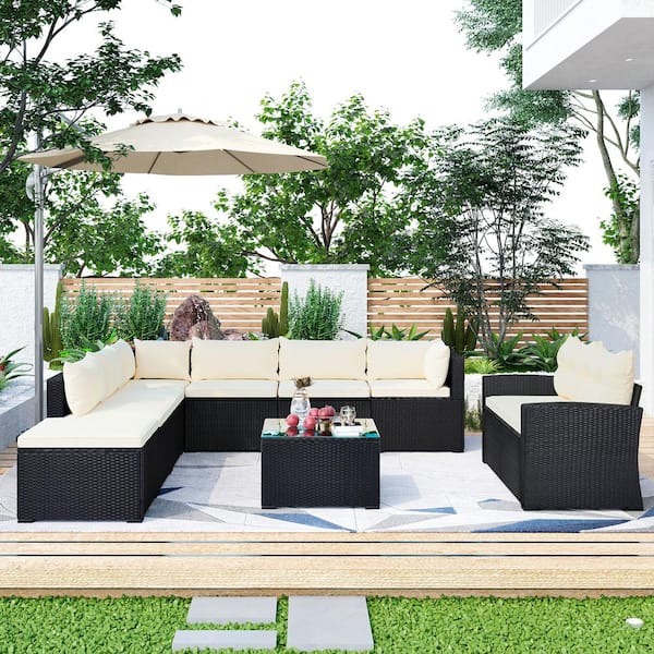 Zeus & Ruta 9-piece Black Wicker Outdoor Sectional Set with Cushions Beige for Garden, Backyard, Porch and Poolside