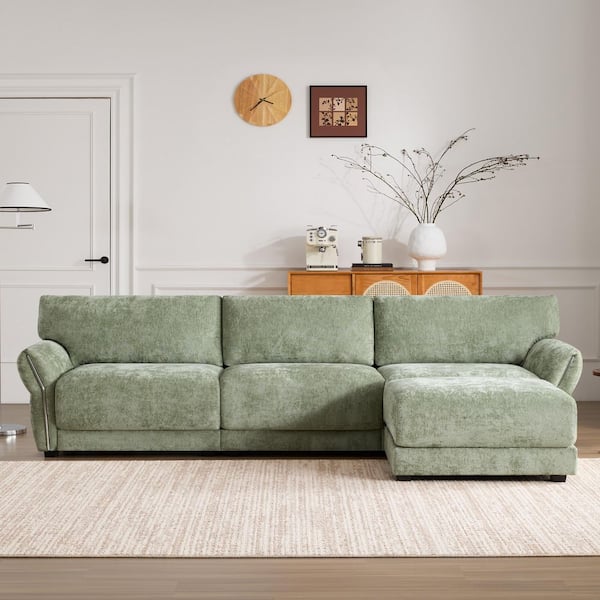 110 in. Extra-Wide Chenille L-Shape Modular Sectional Sofa in Green with USB and Type-C Charger Free Movement Ottoman