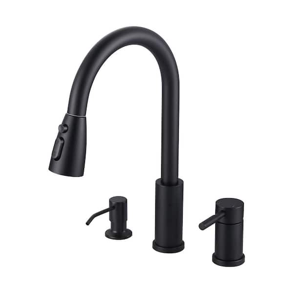 15 in. H Single Handle Pull Down Kitchen Faucet with 360 Degree Spout Swivel and Soap Dispenser in Matte Black