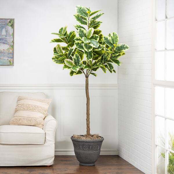 GERSON INTERNATIONAL 6 ft. Artificial Tall Real Touch Ultra-Realistic Varrigated Rubber Plant in Plastic Pot with Faux Dirt